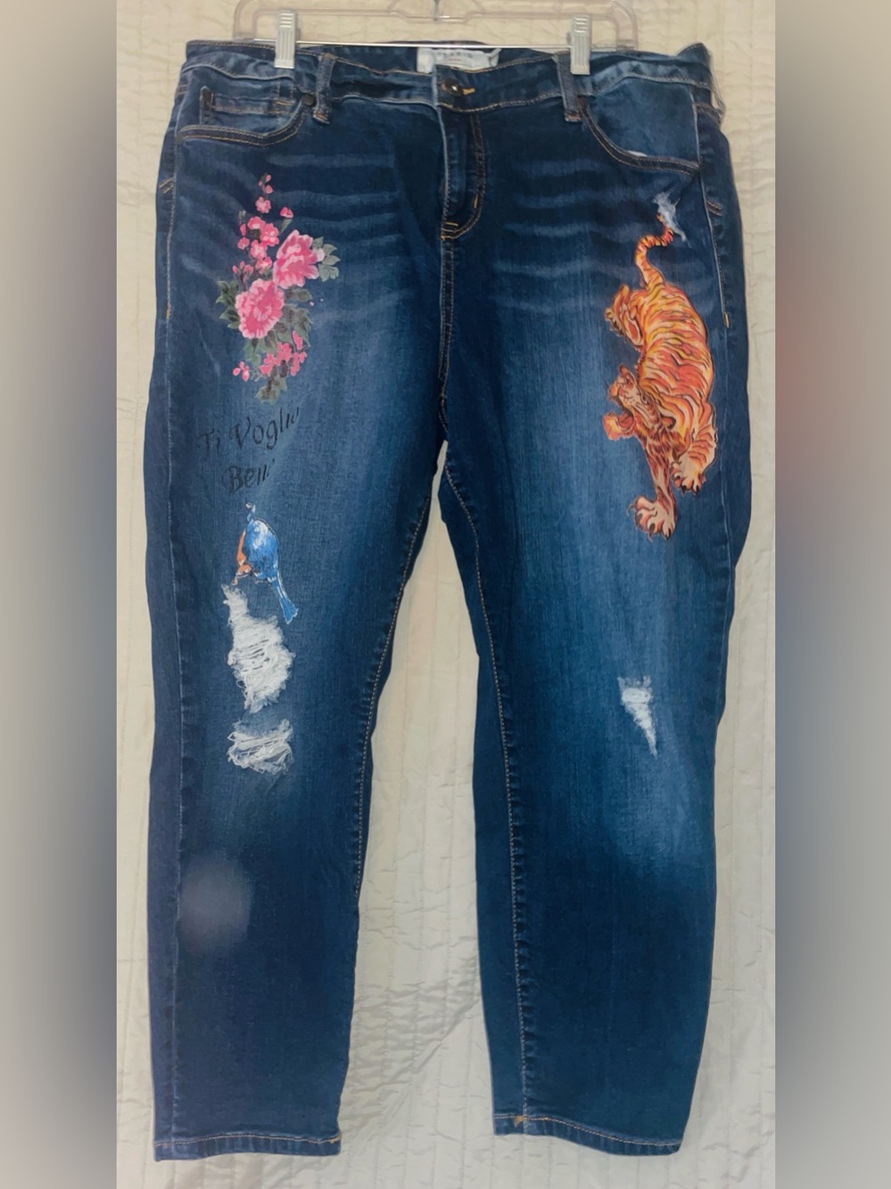 Torrid Dark Blue Jeans with Floral, Bird & Tiger Artwork
